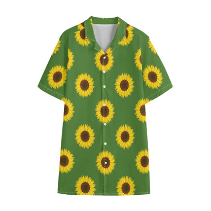 Green Sunflower Pattern Print Cotton Hawaiian Shirt