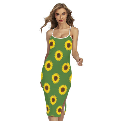 Green Sunflower Pattern Print Cross Back Cami Dress