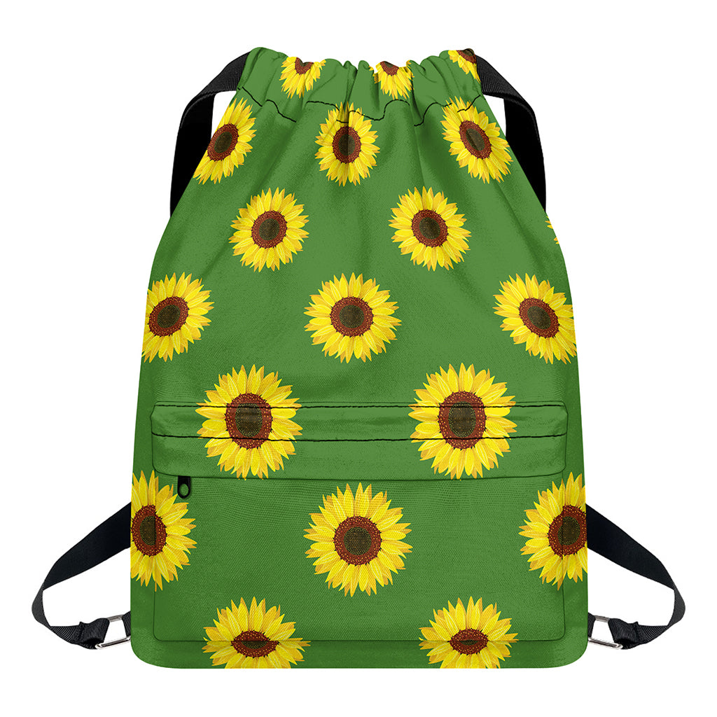 Green Sunflower Pattern Print Drawstring Backpack