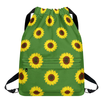 Green Sunflower Pattern Print Drawstring Backpack