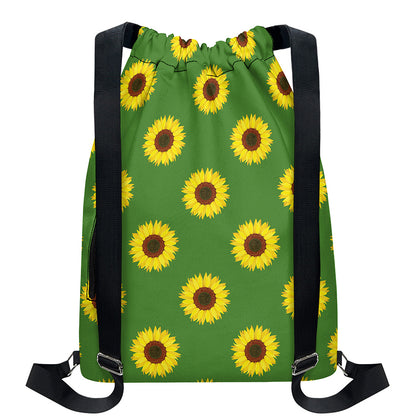 Green Sunflower Pattern Print Drawstring Backpack