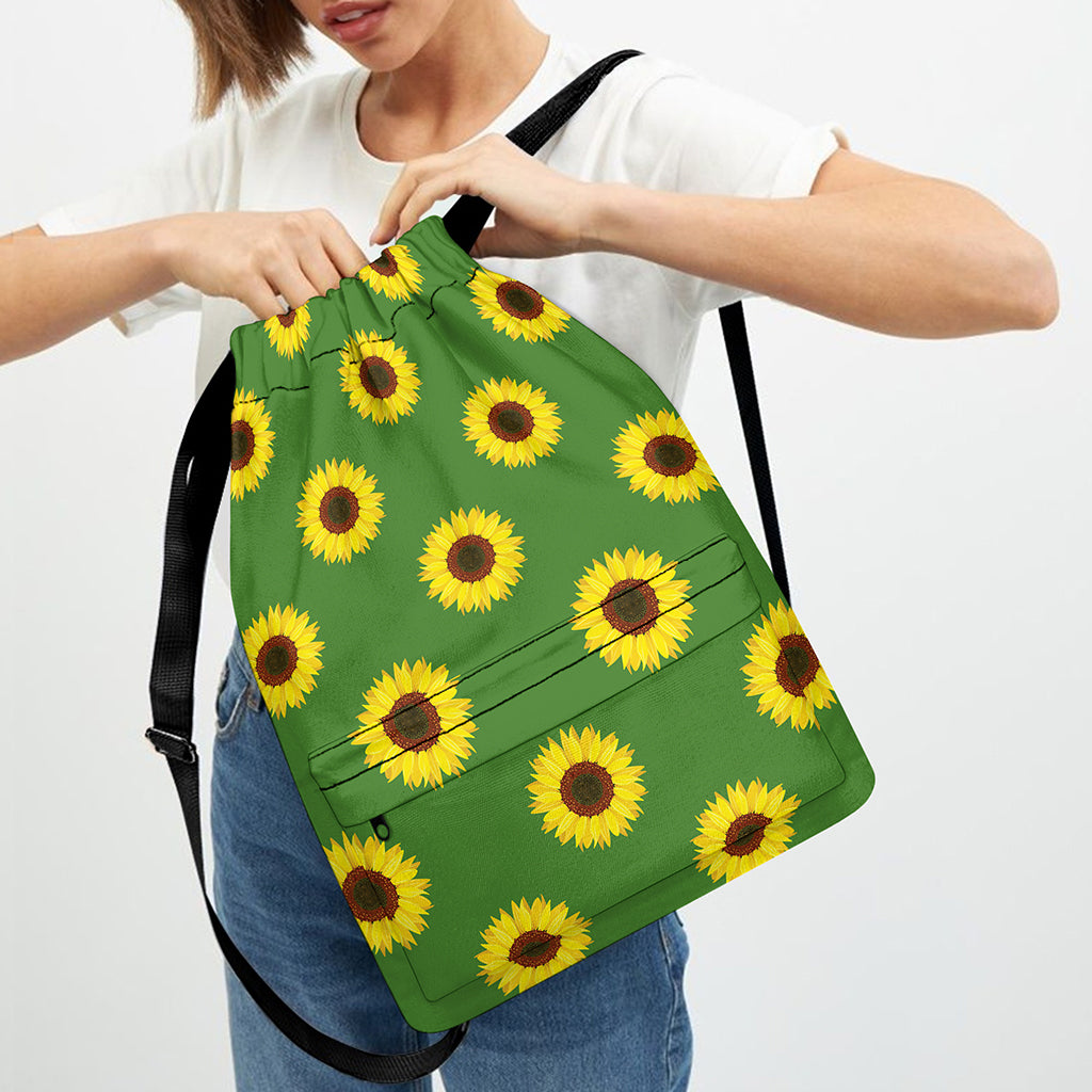 Green Sunflower Pattern Print Drawstring Backpack