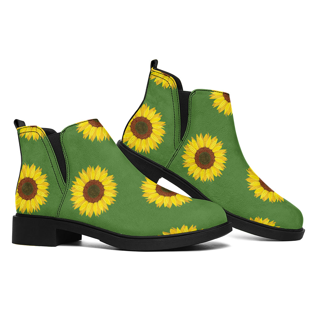 Green Sunflower Pattern Print Flat Ankle Boots