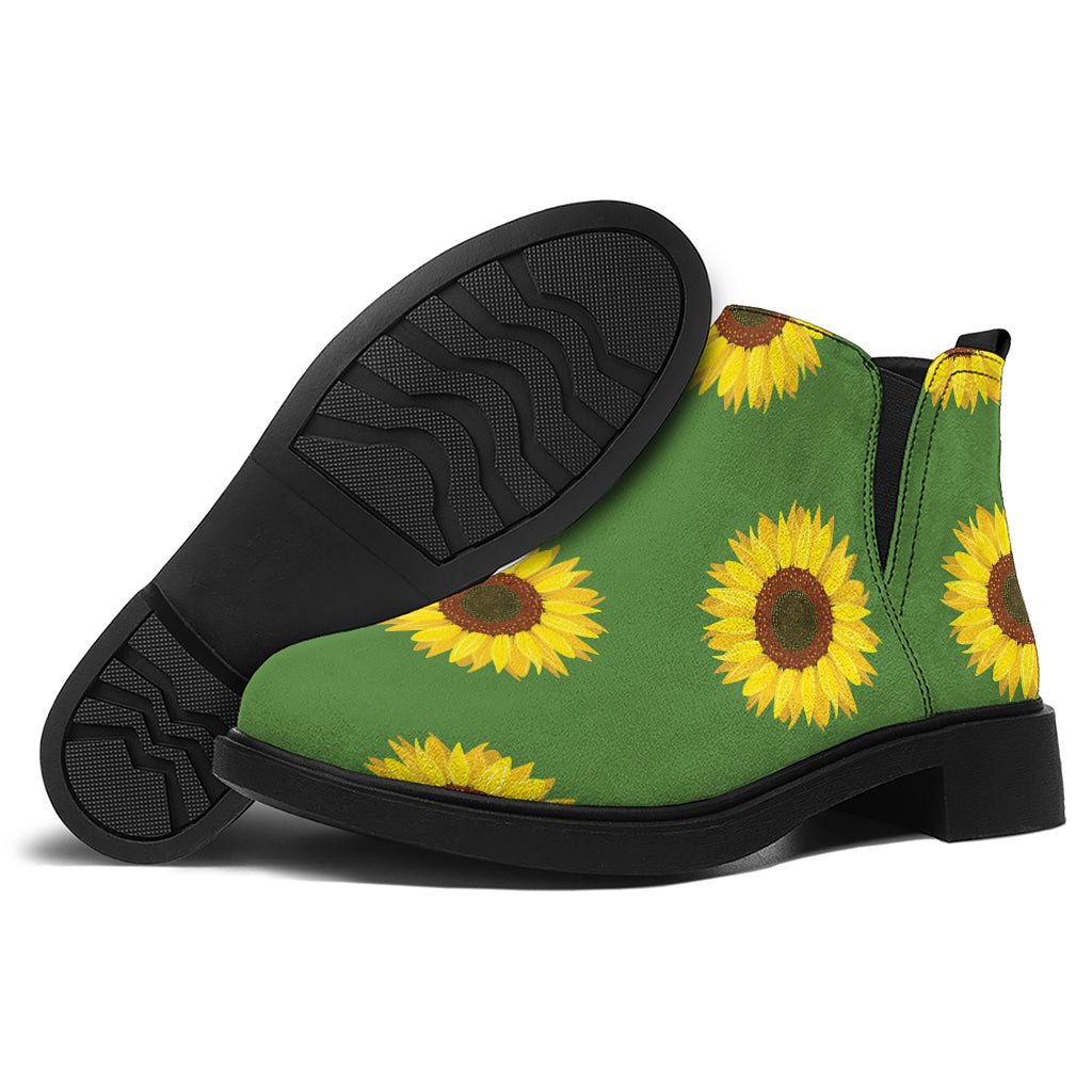 Green Sunflower Pattern Print Flat Ankle Boots