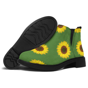 Green Sunflower Pattern Print Flat Ankle Boots