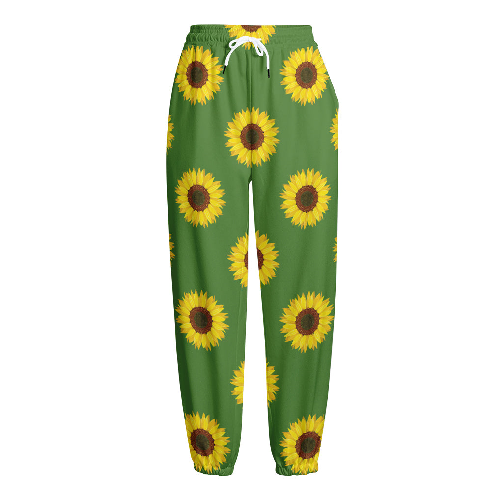 Green Sunflower Pattern Print Fleece Lined Knit Pants