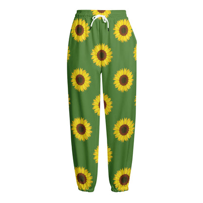 Green Sunflower Pattern Print Fleece Lined Knit Pants