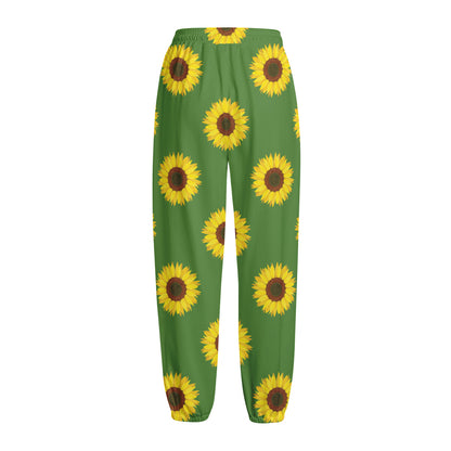 Green Sunflower Pattern Print Fleece Lined Knit Pants
