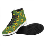 Green Sunflower Pattern Print High Top Leather Sneakers
