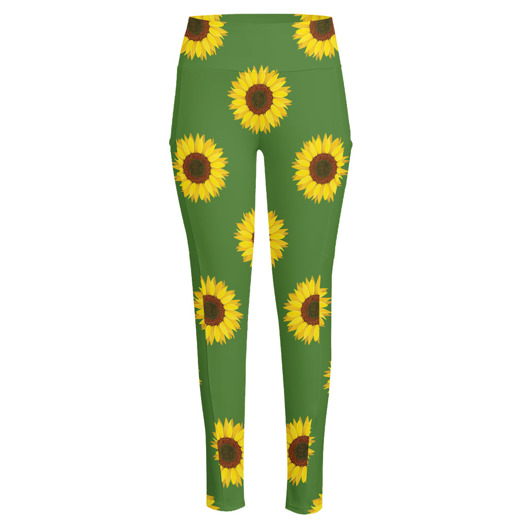 Green Sunflower Pattern Print High-Waisted Pocket Leggings
