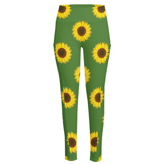 Green Sunflower Pattern Print High-Waisted Pocket Leggings