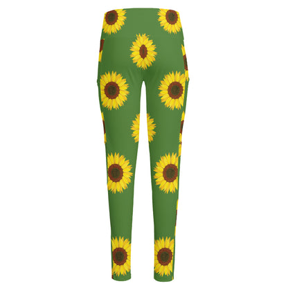 Green Sunflower Pattern Print High-Waisted Pocket Leggings