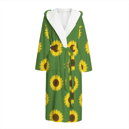 Green Sunflower Pattern Print Hooded Bathrobe