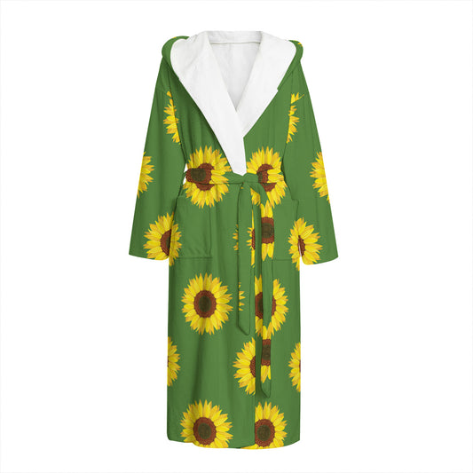 Green Sunflower Pattern Print Hooded Bathrobe