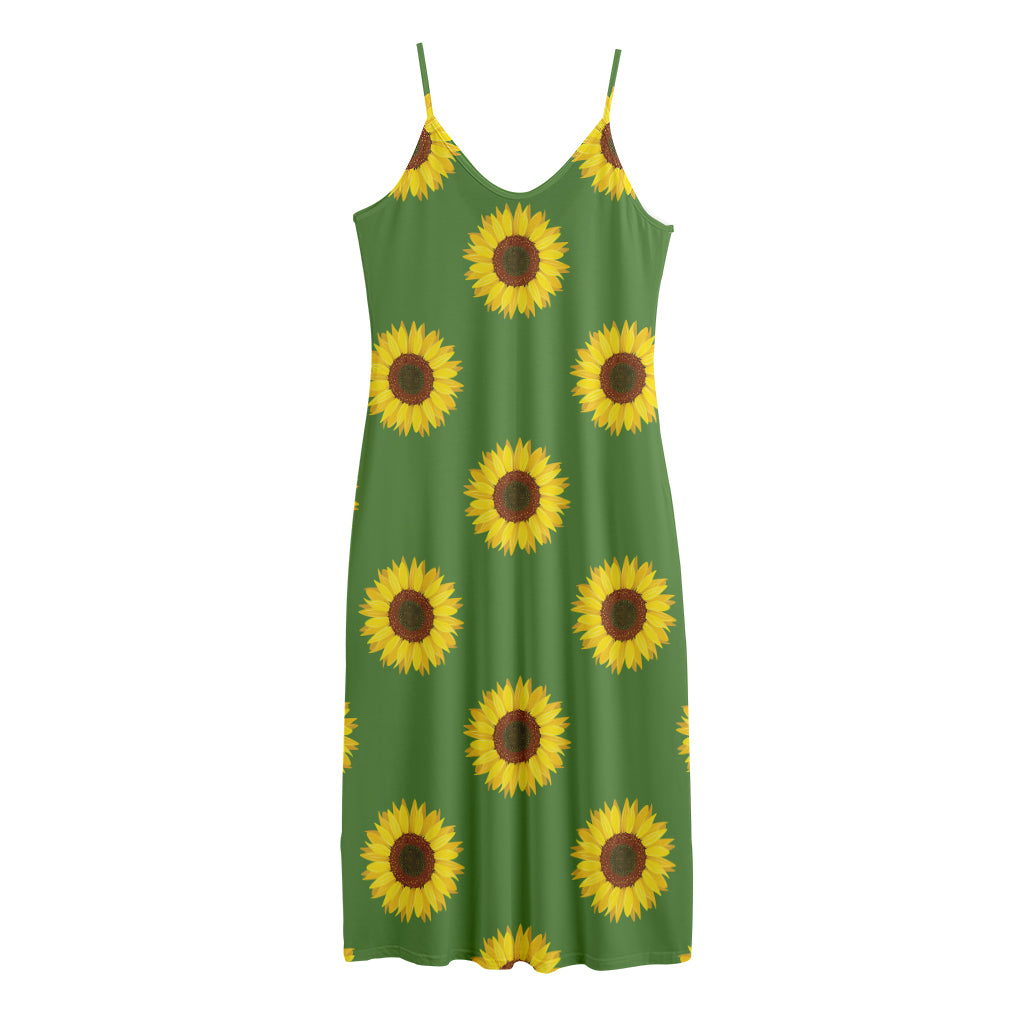 Green Sunflower Pattern Print Jersey Midi Cami Dress