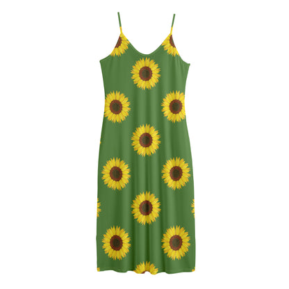 Green Sunflower Pattern Print Jersey Midi Cami Dress