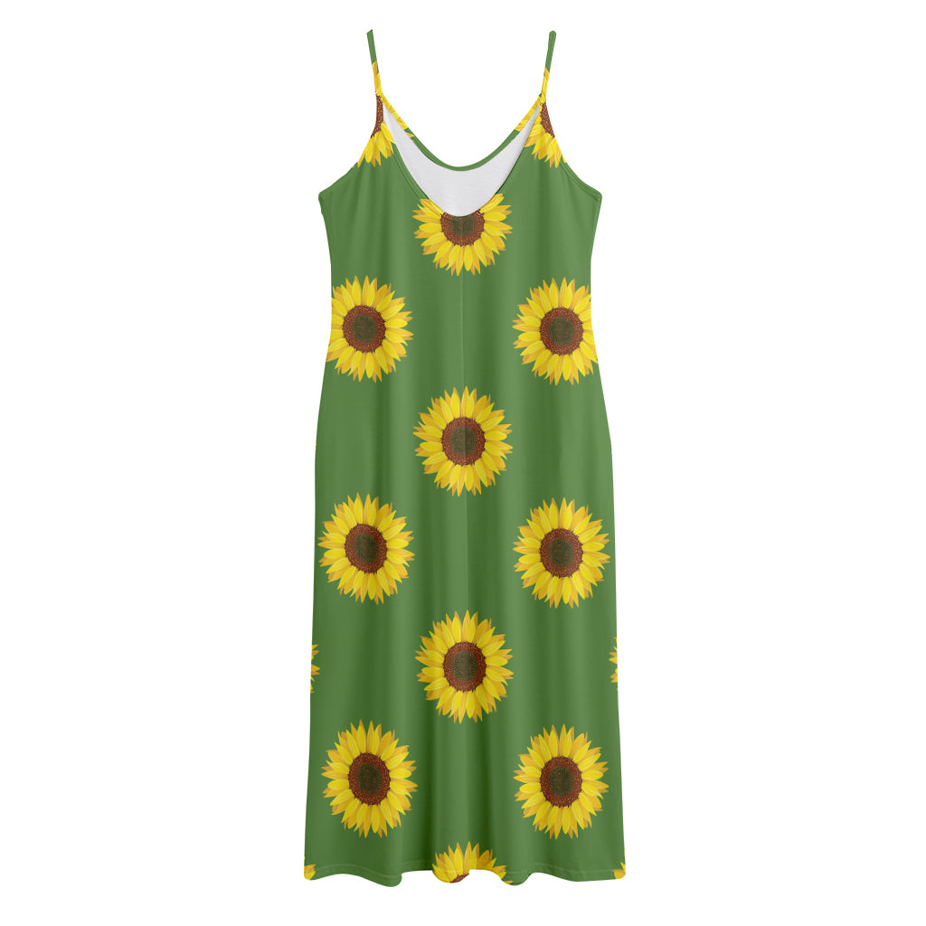Green Sunflower Pattern Print Jersey Midi Cami Dress