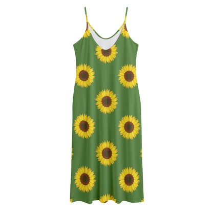Green Sunflower Pattern Print Jersey Midi Cami Dress