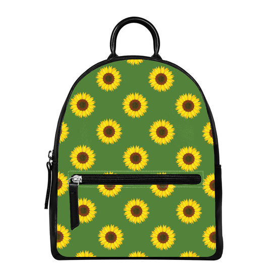 Green Sunflower Pattern Print Leather Backpack