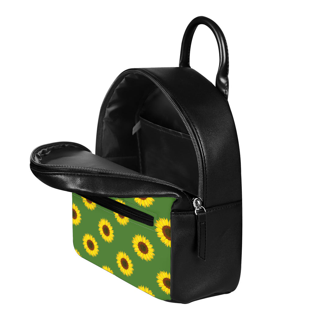 Green Sunflower Pattern Print Leather Backpack