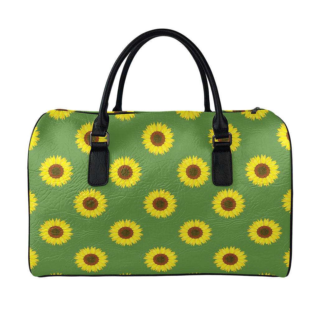 Green Sunflower Pattern Print Leather Duffle Bag