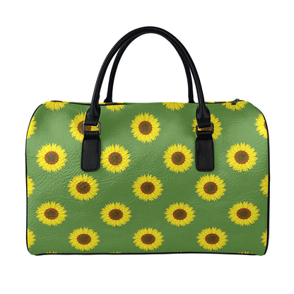 Green Sunflower Pattern Print Leather Duffle Bag