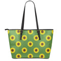 Green Sunflower Pattern Print Leather Tote Bag With Zipper