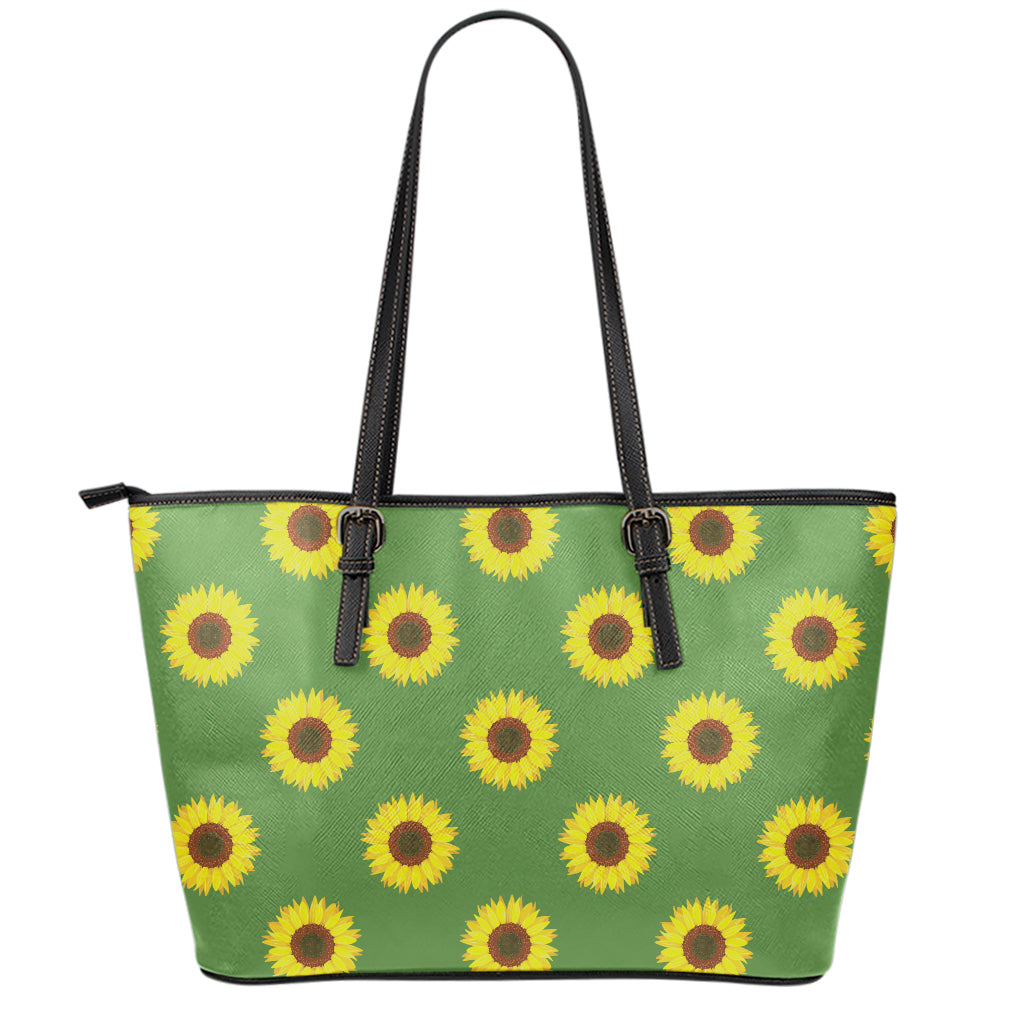 Green Sunflower Pattern Print Leather Tote Bag