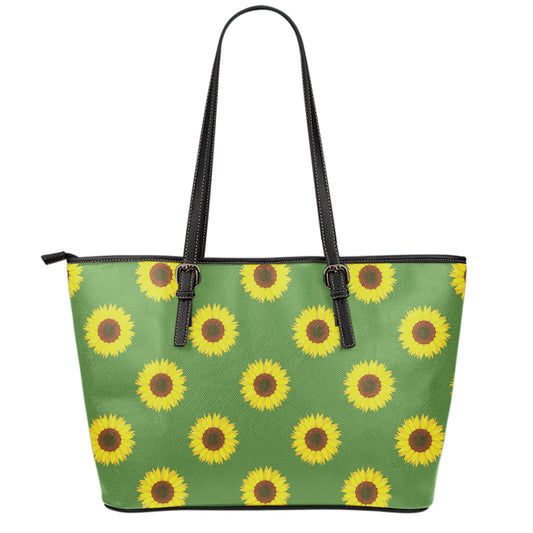 Green Sunflower Pattern Print Leather Tote Bag