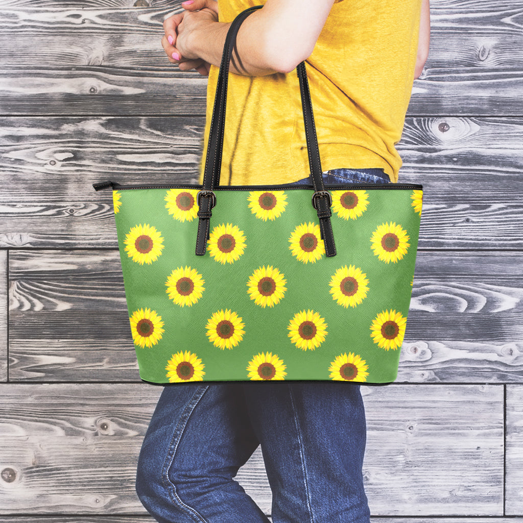 Green Sunflower Pattern Print Leather Tote Bag