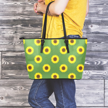 Green Sunflower Pattern Print Leather Tote Bag