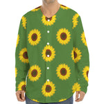 Green Sunflower Pattern Print Long Sleeve Baseball Jersey
