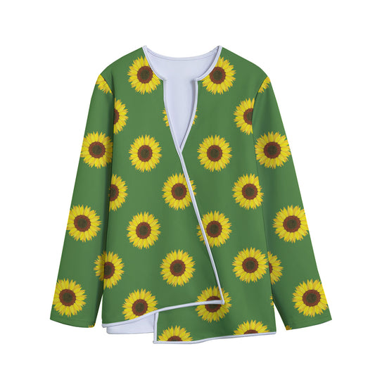 Green Sunflower Pattern Print Long Sleeve Short Coat