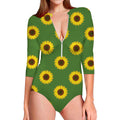 Green Sunflower Pattern Print Long Sleeve Swimsuit