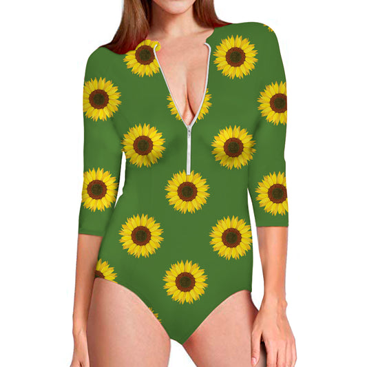 Green Sunflower Pattern Print Long Sleeve Swimsuit