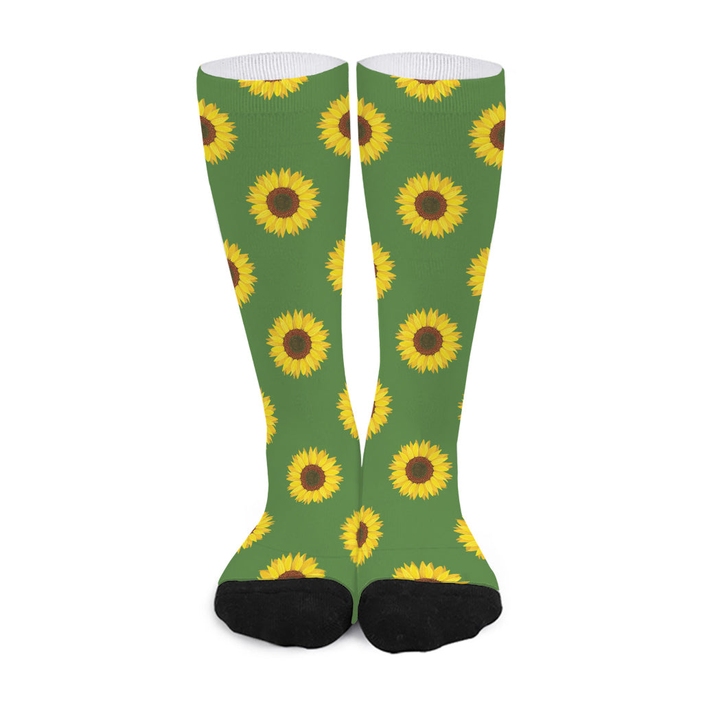 Green Sunflower Pattern Print Long Socks