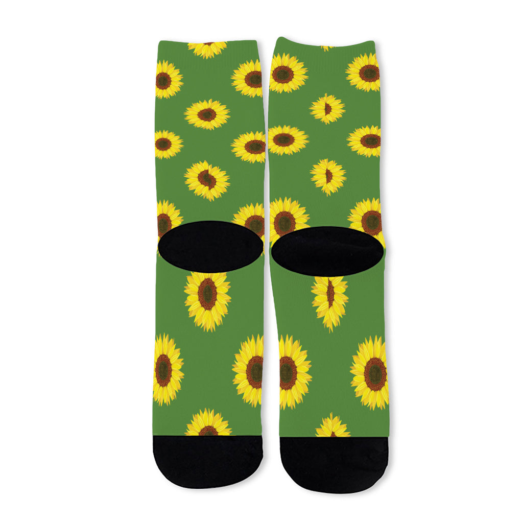 Green Sunflower Pattern Print Long Socks