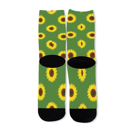 Green Sunflower Pattern Print Long Socks