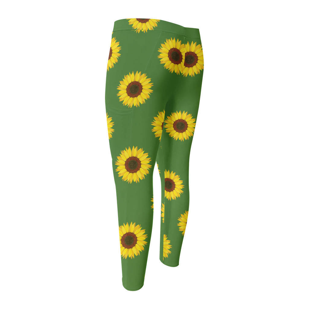 Green Sunflower Pattern Print Men's Compression Pants