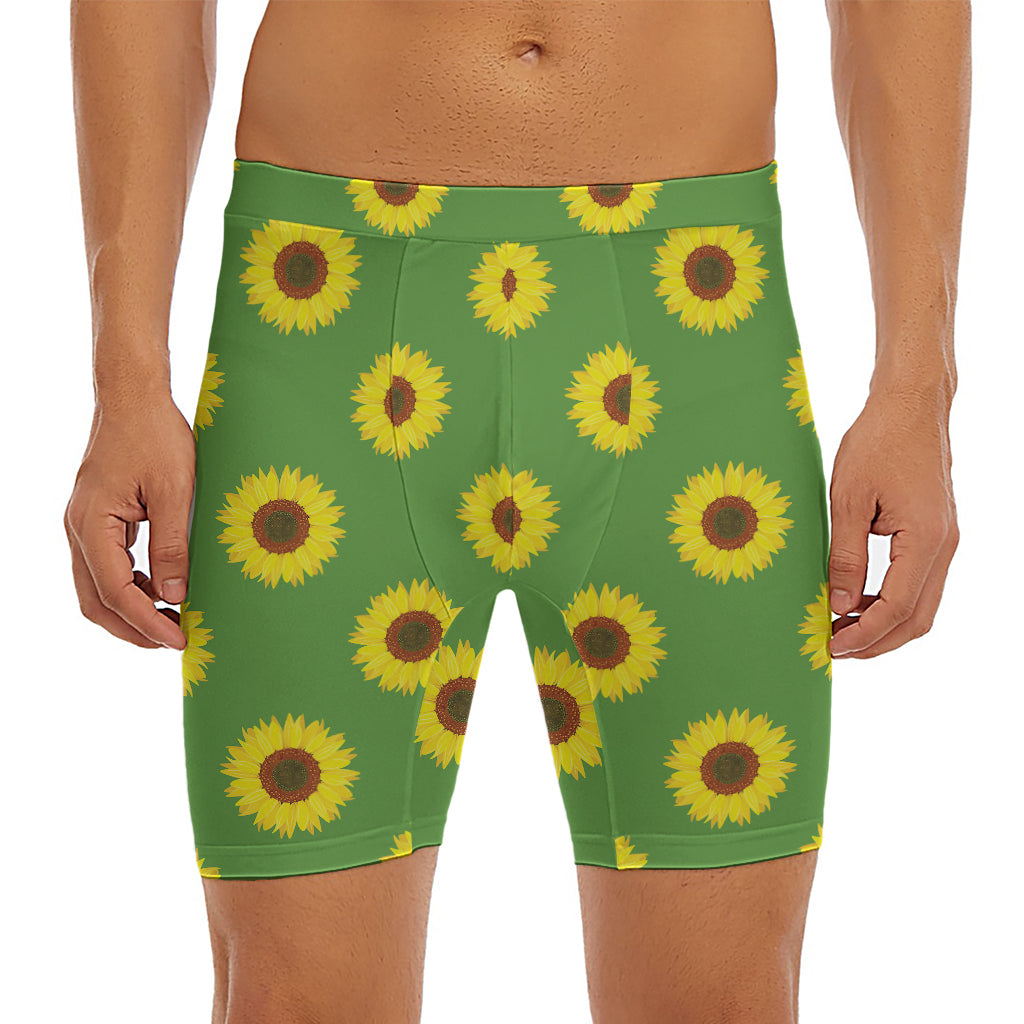 Green Sunflower Pattern Print Men's Long Boxer Briefs