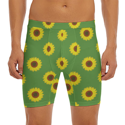 Green Sunflower Pattern Print Men's Long Boxer Briefs