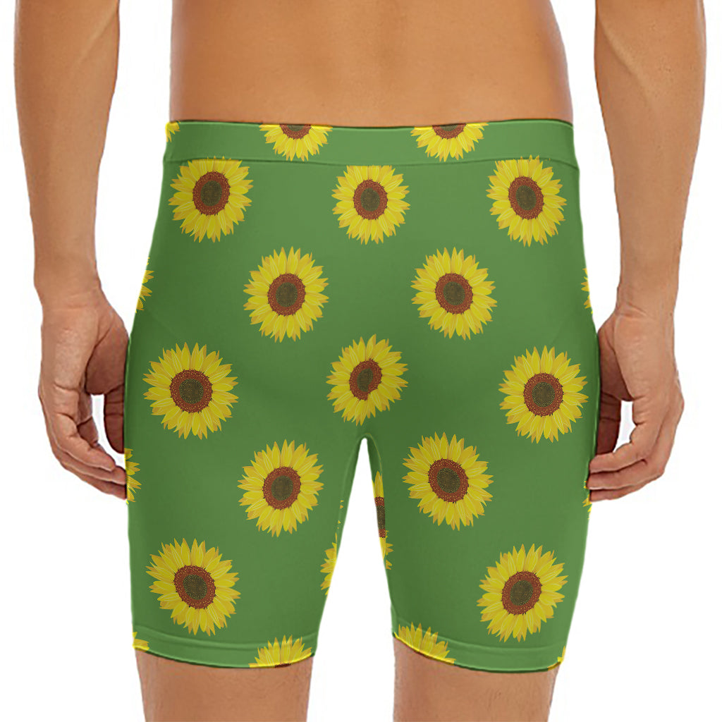 Green Sunflower Pattern Print Men's Long Boxer Briefs