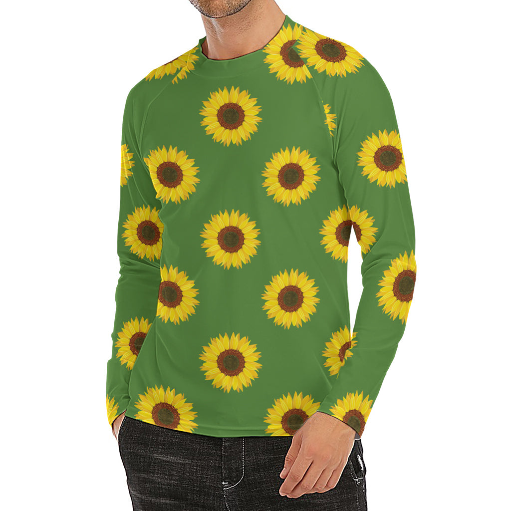 Green Sunflower Pattern Print Men's Long Sleeve Rash Guard