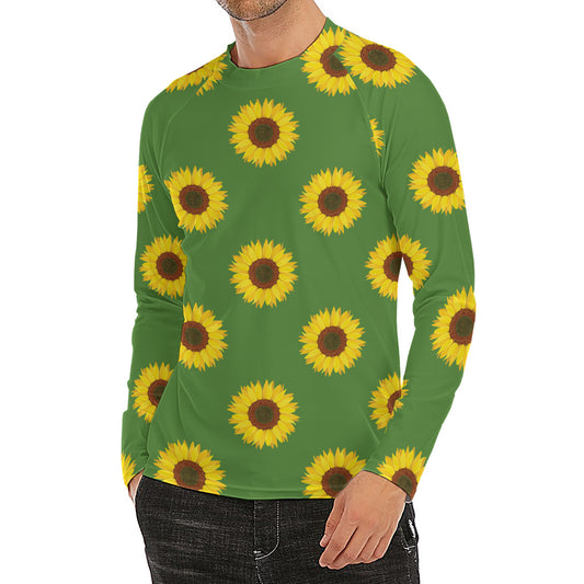 Green Sunflower Pattern Print Men's Long Sleeve Rash Guard