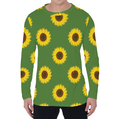 Green Sunflower Pattern Print Men's Long Sleeve T-Shirt