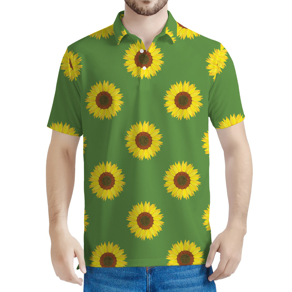 Green Sunflower Pattern Print Men's Polo Shirt