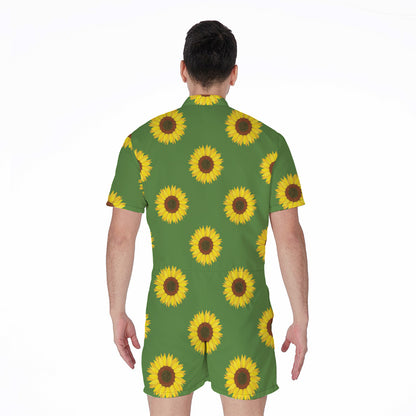 Green Sunflower Pattern Print Men's Rompers