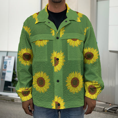 Green Sunflower Pattern Print Men's Shirt Jacket