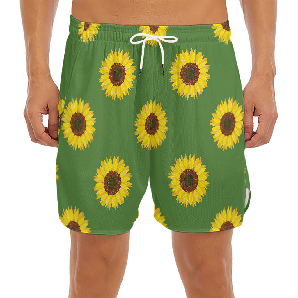 Green Sunflower Pattern Print Men's Split Running Shorts