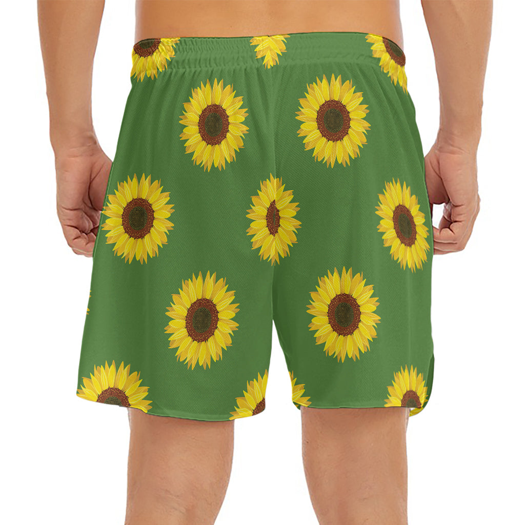 Green Sunflower Pattern Print Men's Split Running Shorts